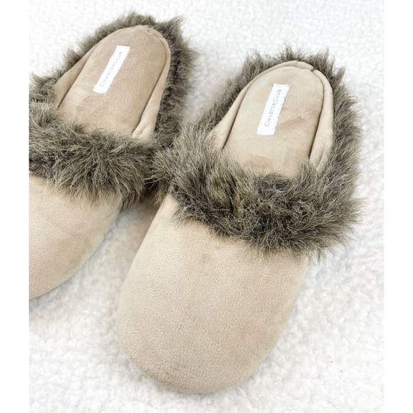 CHARTER CLUB • Cream/Brown Faux Fur Trimmed House Slippers - Picture 3 of 16